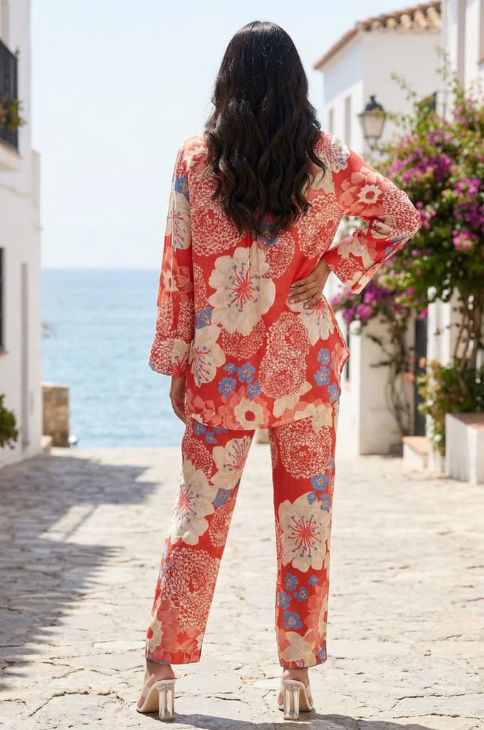 Red Floral Printed Modal Straight Shirt with Pants Co-ord Set — photo 4