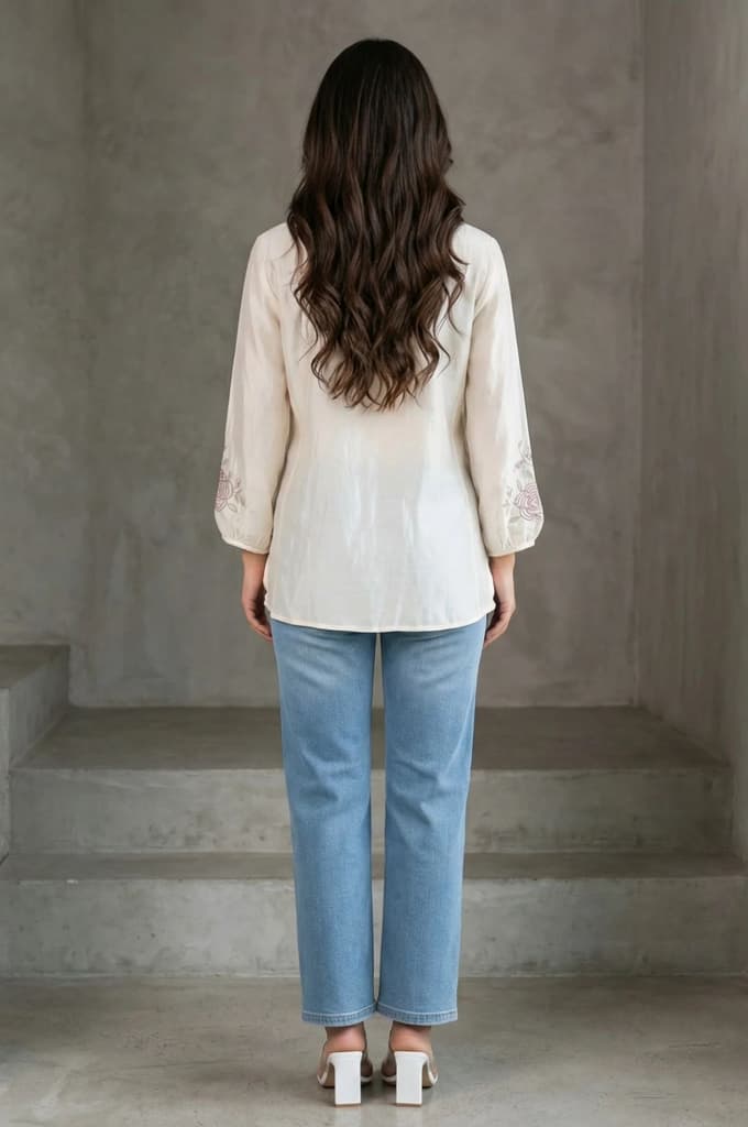 Off White Thread Embroidered New Cotton Silk A-line Top — photo 4