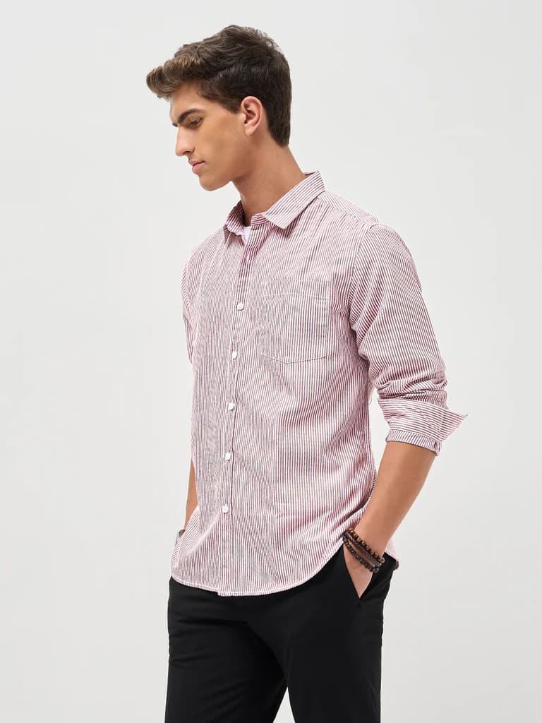 Men's Maroon Cotton Full Sleeve Regular Fit Casual Striped Shirt — photo 3