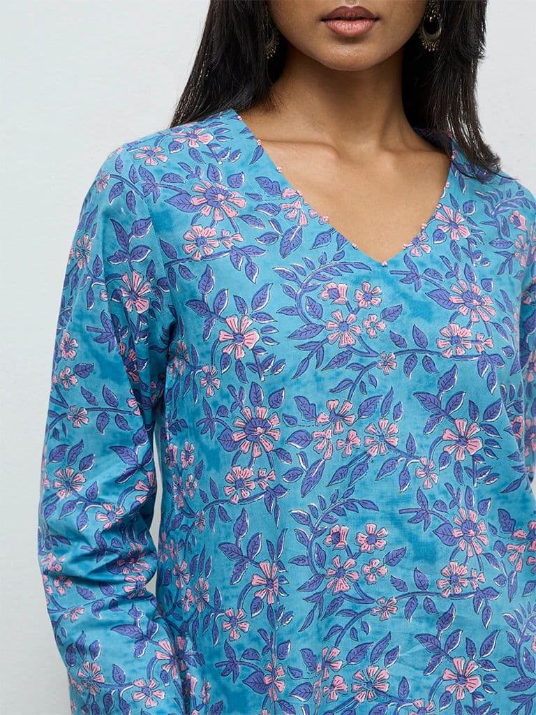 Utsa Blue Floral Pattern Cotton Tunic — photo 3
