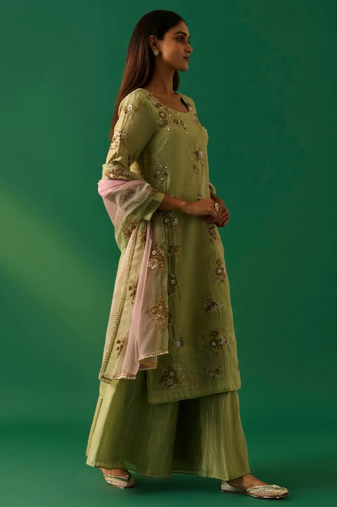 Green Embroidered Straight Cotton Kurta with Culotte and Dupatta Set — photo 5