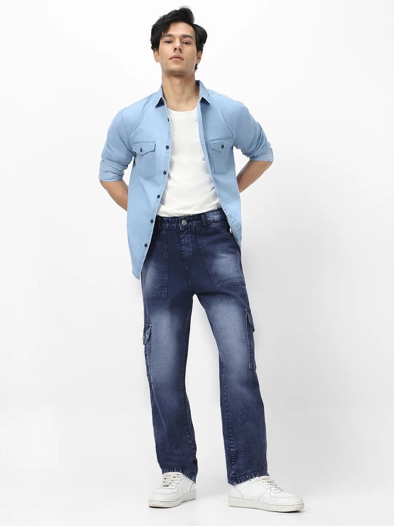 Men's Navy Loose Fit Cargo Jeans With 6 Pockets Non Stretchable — photo 4