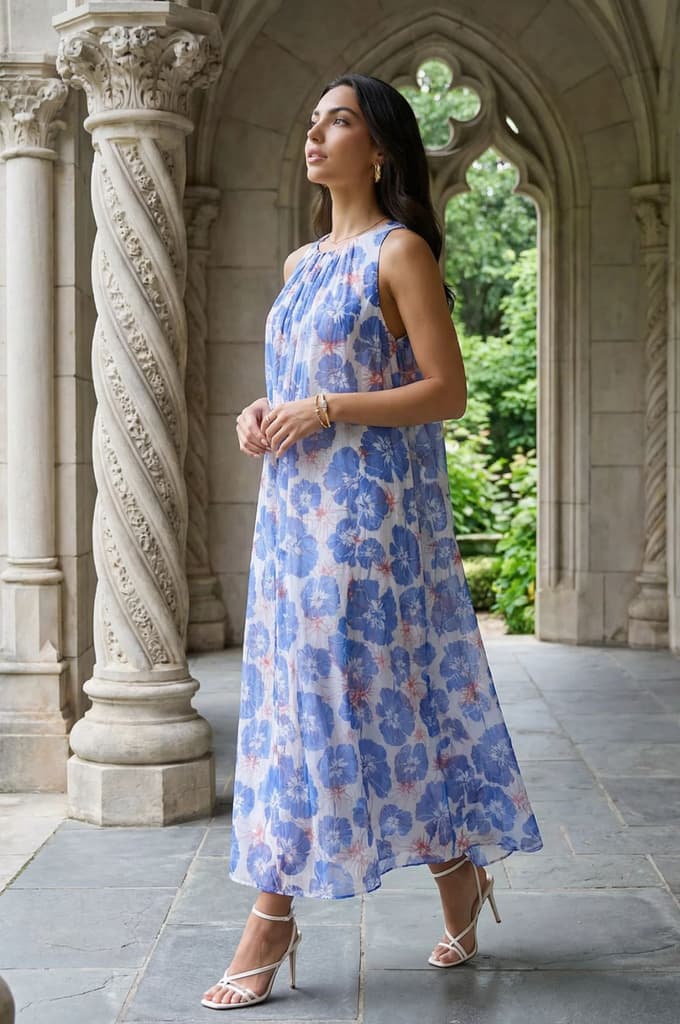 Blue Floral Printed Sleeveless Chiffon A-line Dress — photo 3