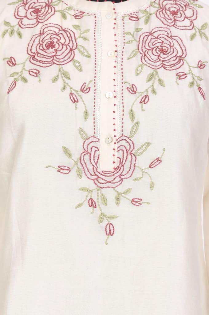 Off White Thread Embroidered New Cotton Silk A-line Top — photo 6