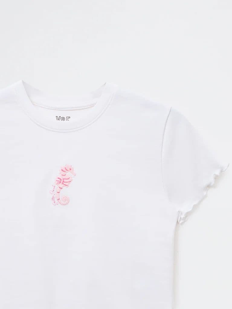 Y&F Kids Girls White Embroidered Cotton-Blend T-Shirt — photo 4