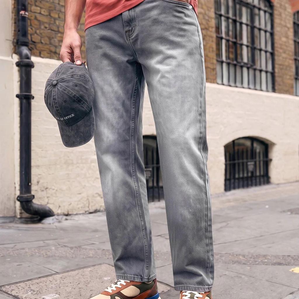 Men's Light Grey Relaxed Fit Washed Denim Jeans Non-Stretchable