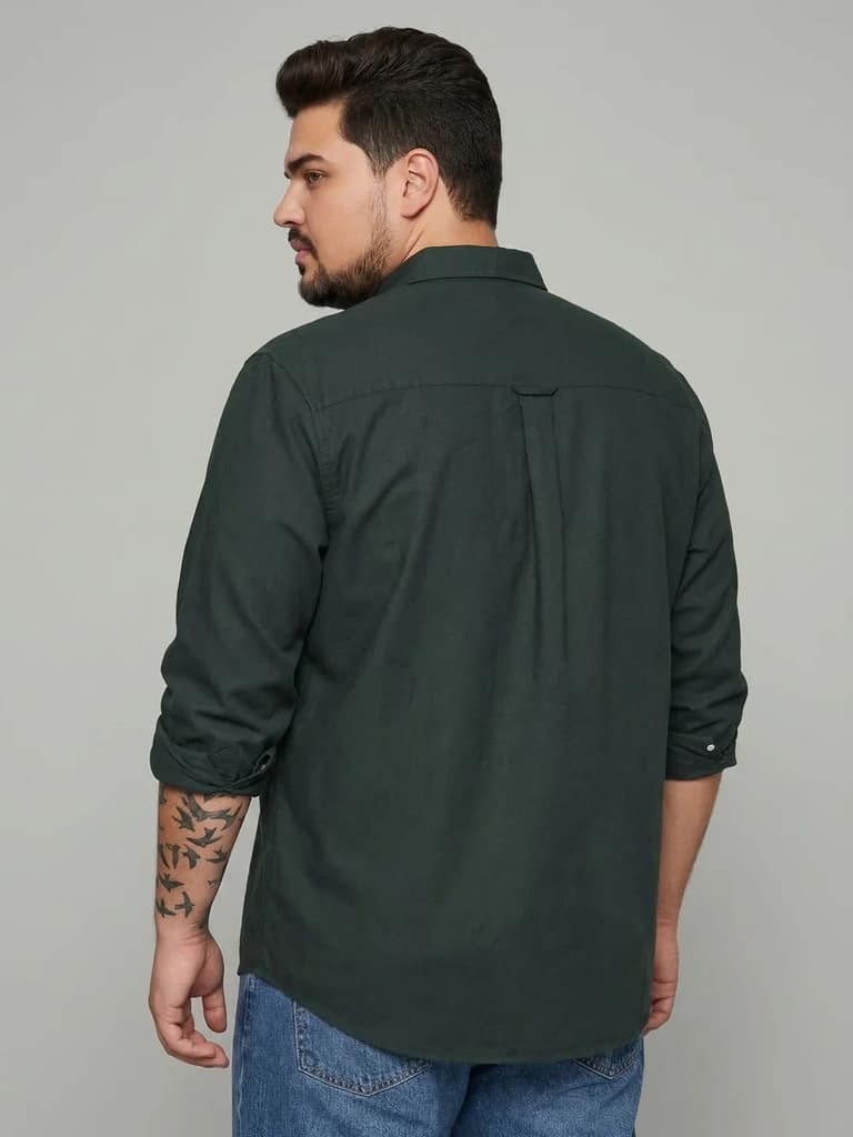 Plus Men's Dark Green Cotton Full Sleeve Regular Fit Solid Oxford Shirt With Button-Down Collar — photo 3