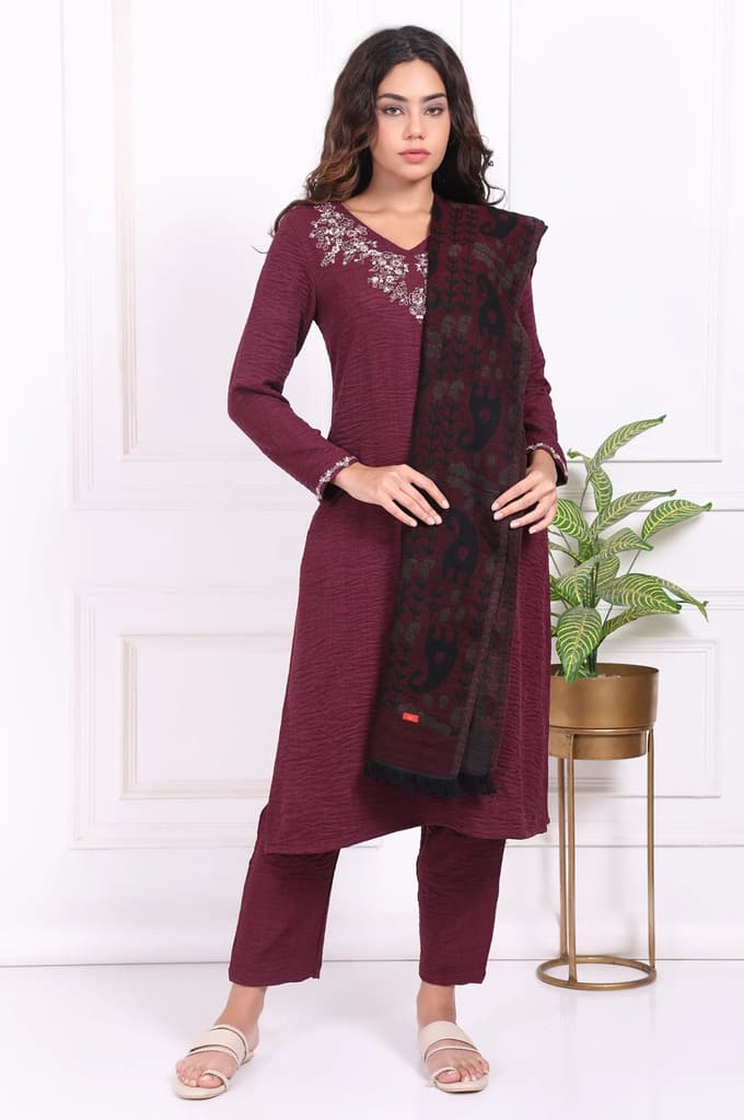 Maroon Embroidered Straight Kurta with Straight Pant and Dupatta Set — XS