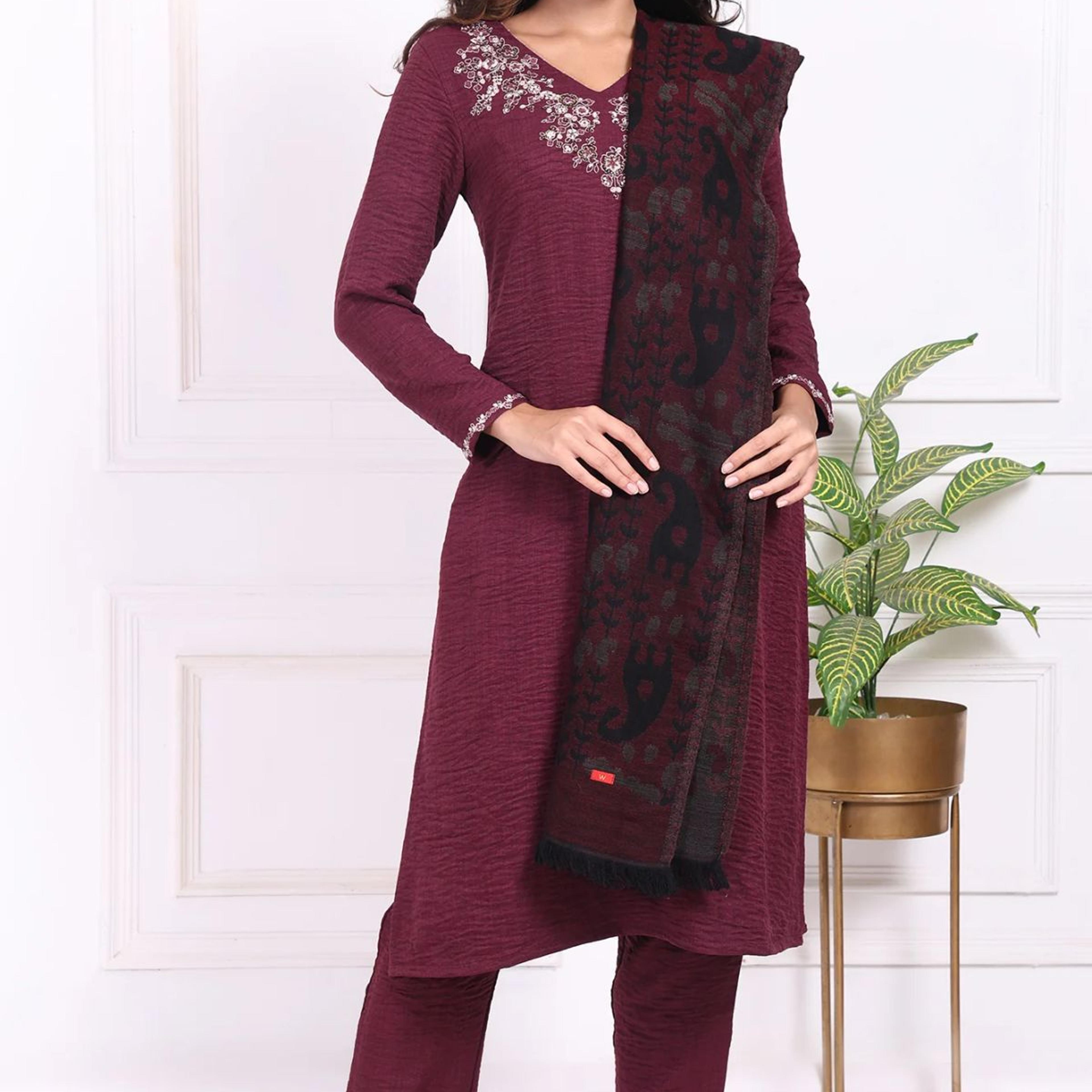 Maroon Embroidered Straight Kurta with Straight Pant and Dupatta Set