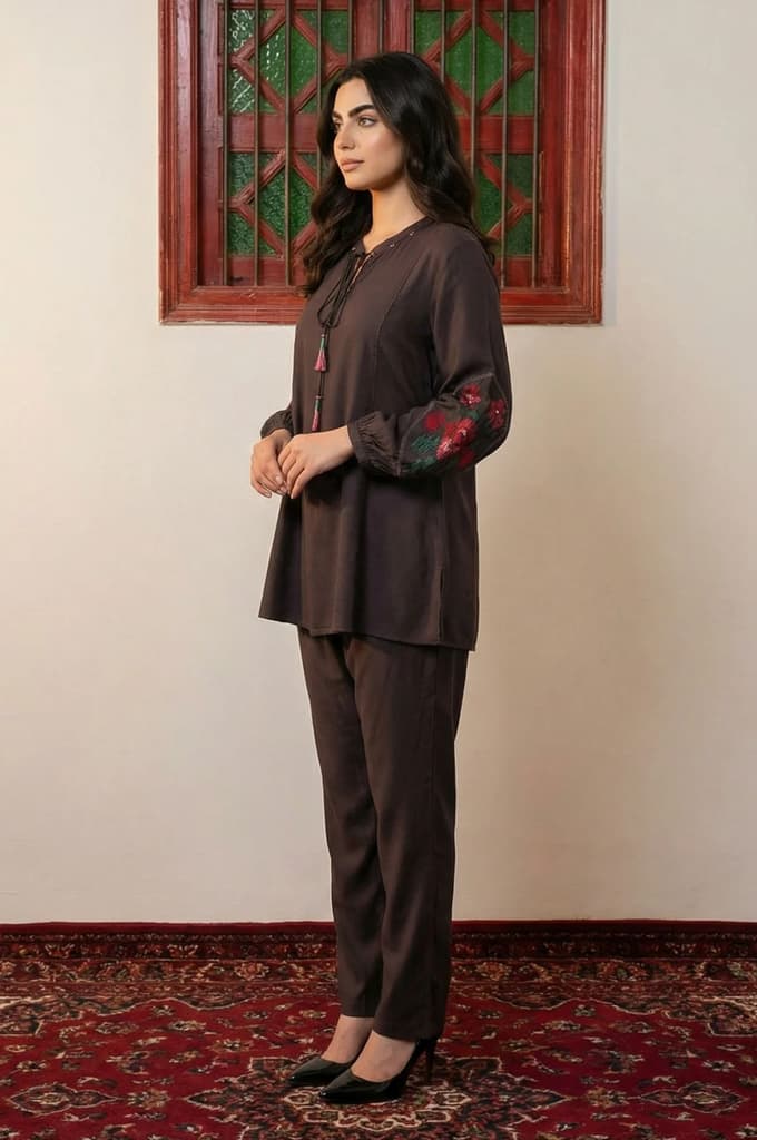 Brown Thread Embroidered Straight Winter Kurta with Pants Co-ord Set — photo 3