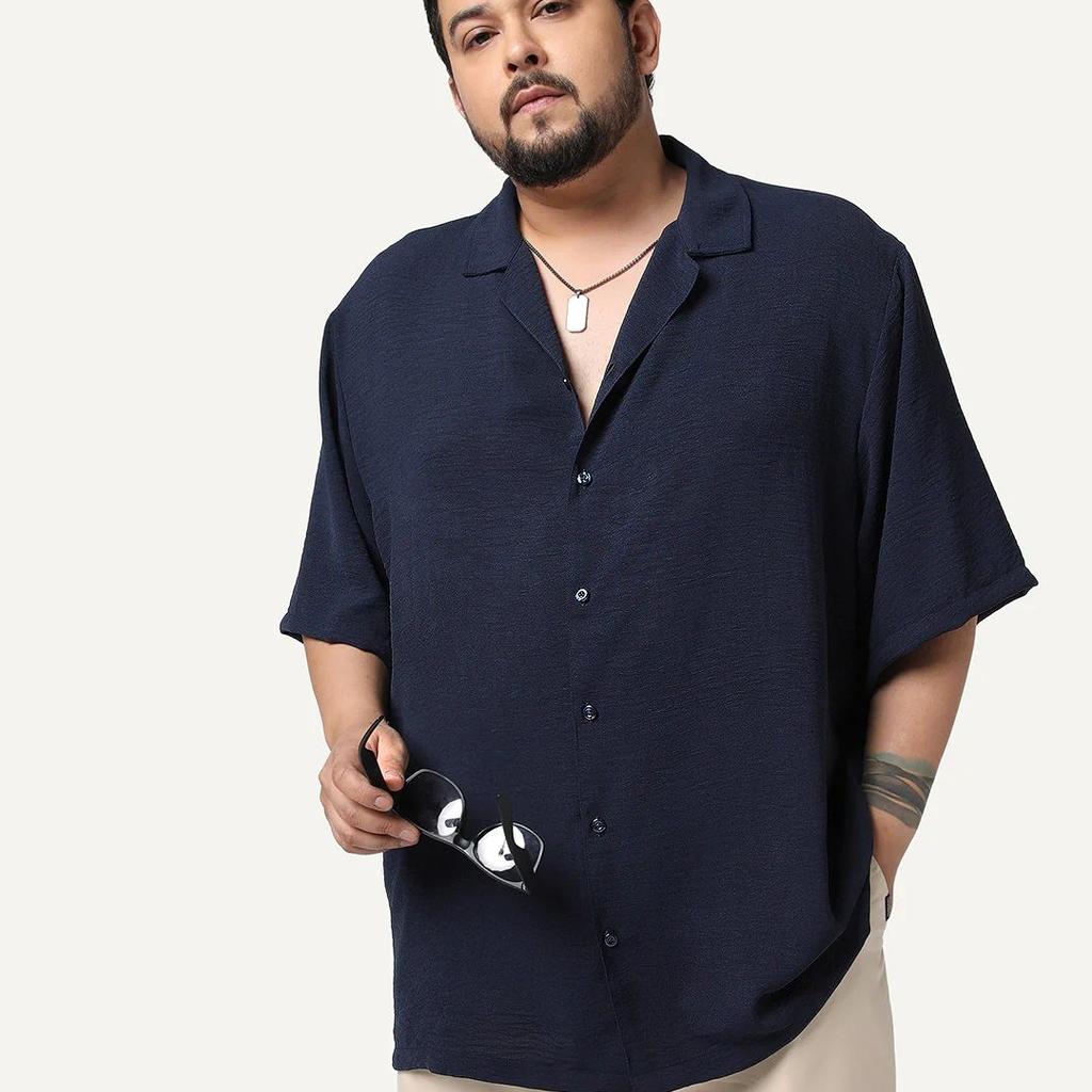Plus Men's Navy Cotton Half Sleeve Relaxed Fit Textured Shirt with Cuban Collar