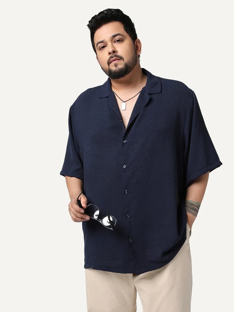 Plus Men's Navy Cotton Half Sleeve Relaxed Fit Textured Shirt with Cuban Collar — 2XL / Navy