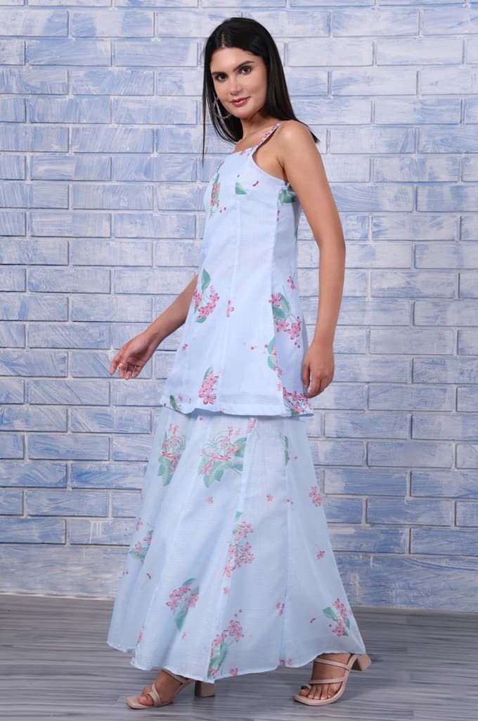 Blue Floral Printed Thread Embroidered Kota Flared Kurta, Flared Pant And Dupatta Set — photo 4