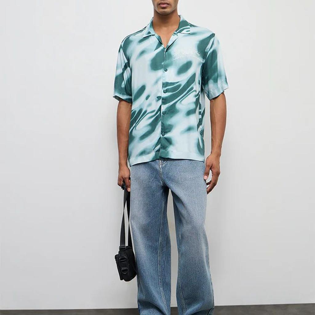 Nuon Teal Abstract Printed Relaxed-Fit Cotton Shirt