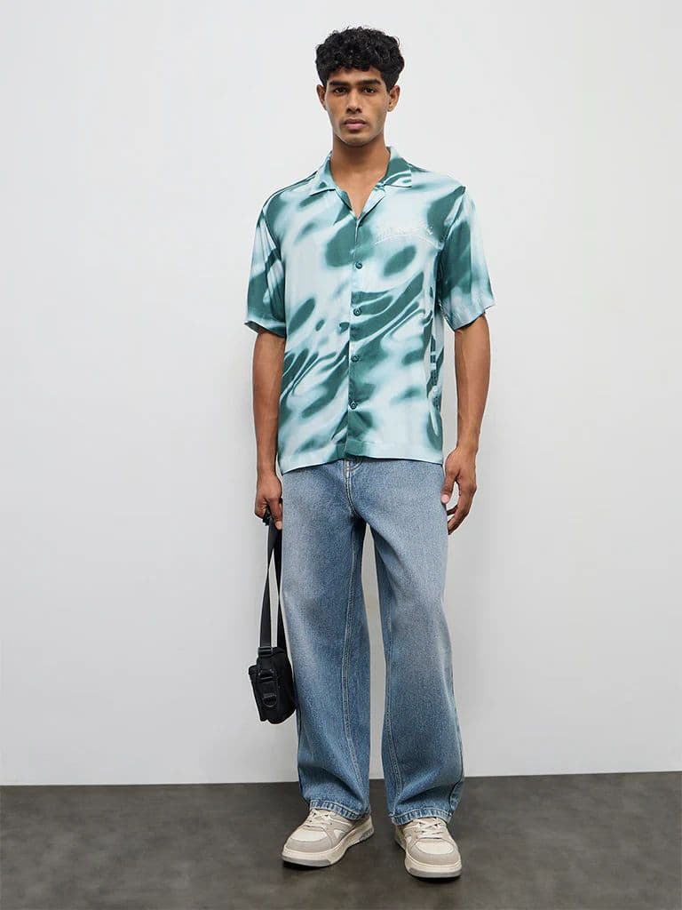 Nuon Teal Abstract Printed Relaxed-Fit Cotton Shirt