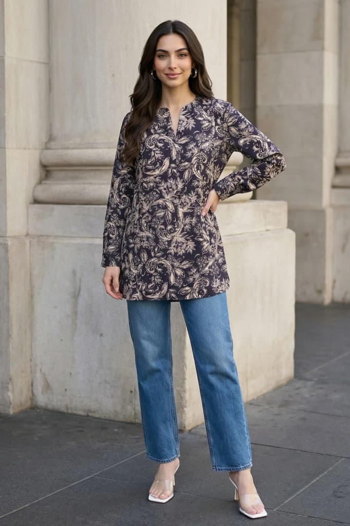 Navy Blue Block Paisley Printed Straight Tunic — photo 2