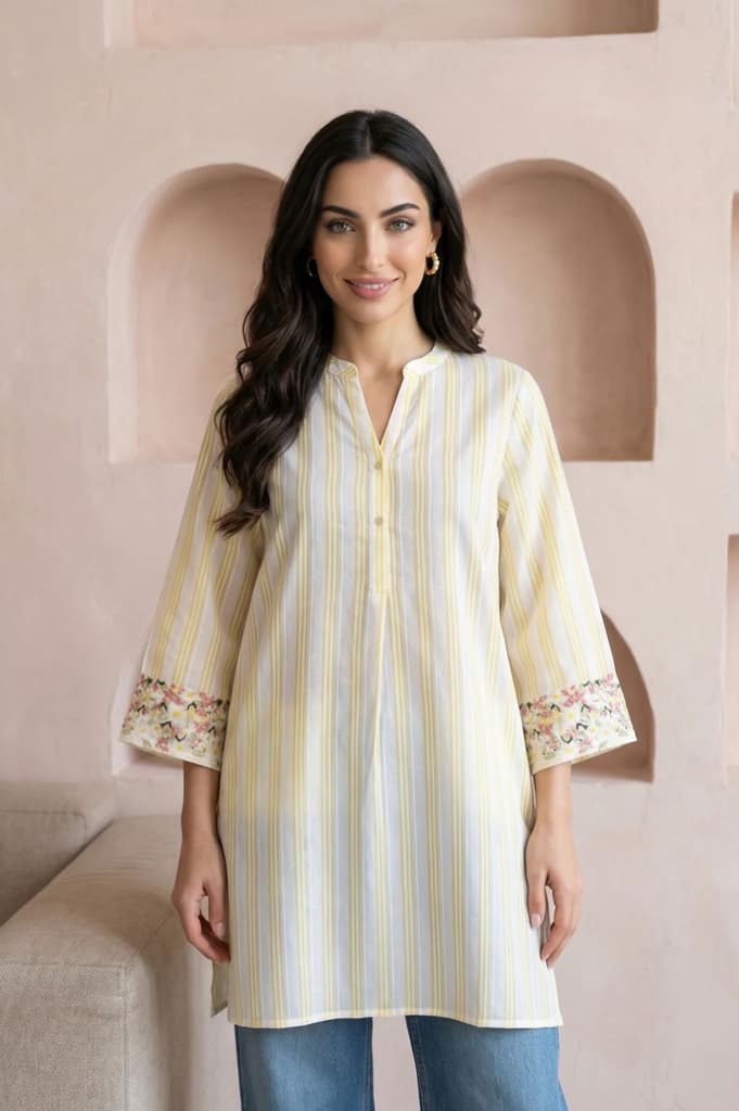 Off White and Yellow Striped Pure Cotton Straight Tunic — photo 6