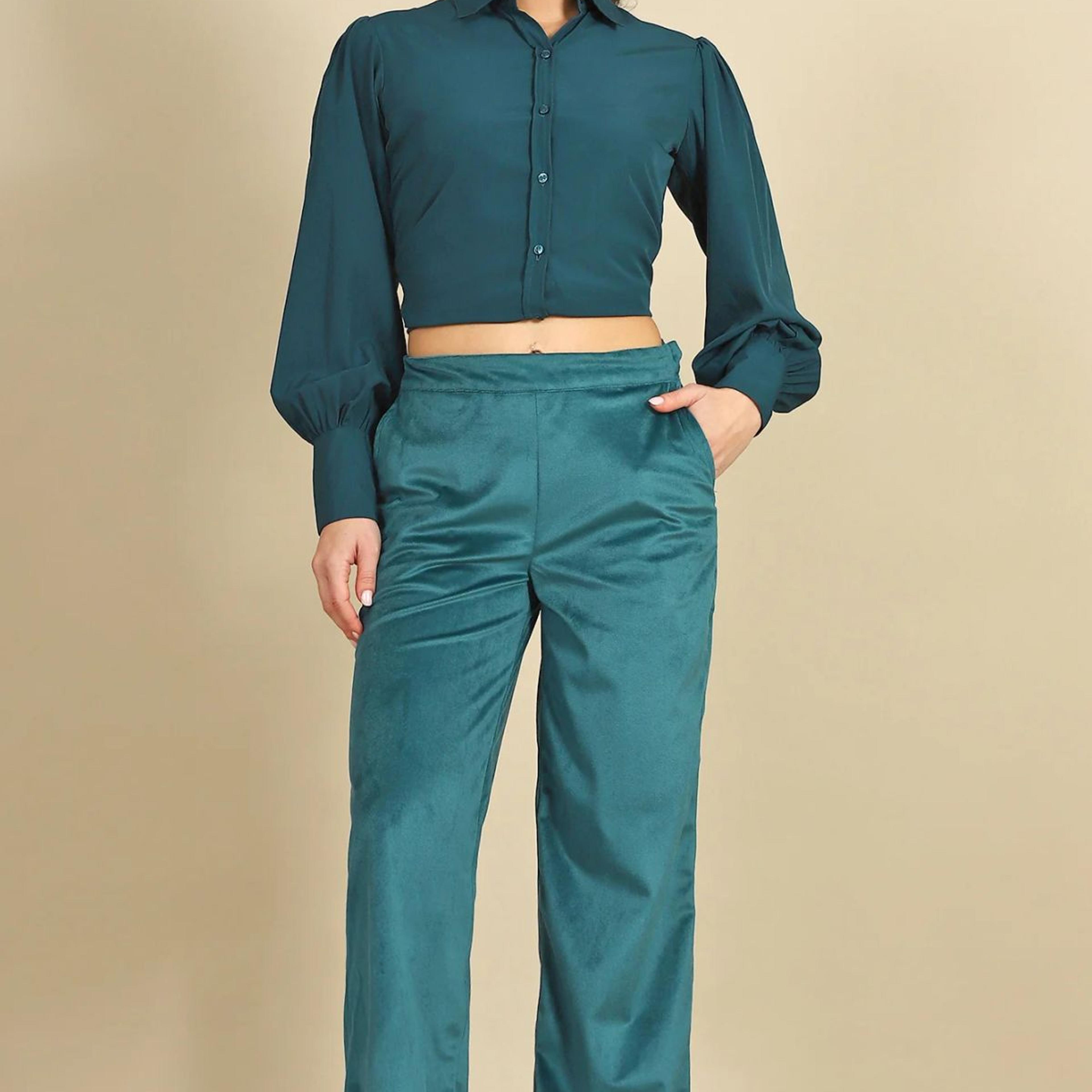 Green Solid Straight Fit Pants with YKK Zipper