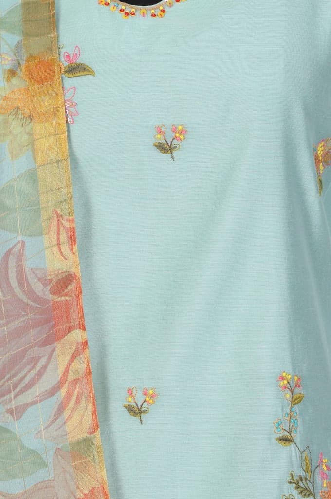 Aqua Blue Thread Embroidered Chanderi Straight Kurta with Pants and Dupatta Set — photo 3