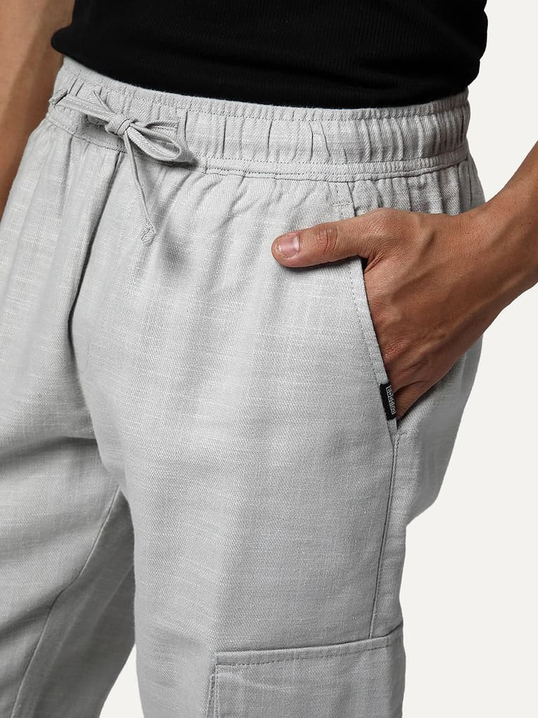 Men's Light Grey Straight Fit Linen Cargo Pants with 6 Pockets — photo 5