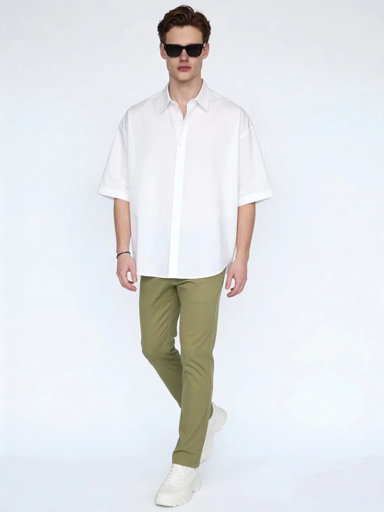 Men's Light Olive Straight Fit Mid Rise Cotton Casual Chinos Trousers Stretch — photo 4