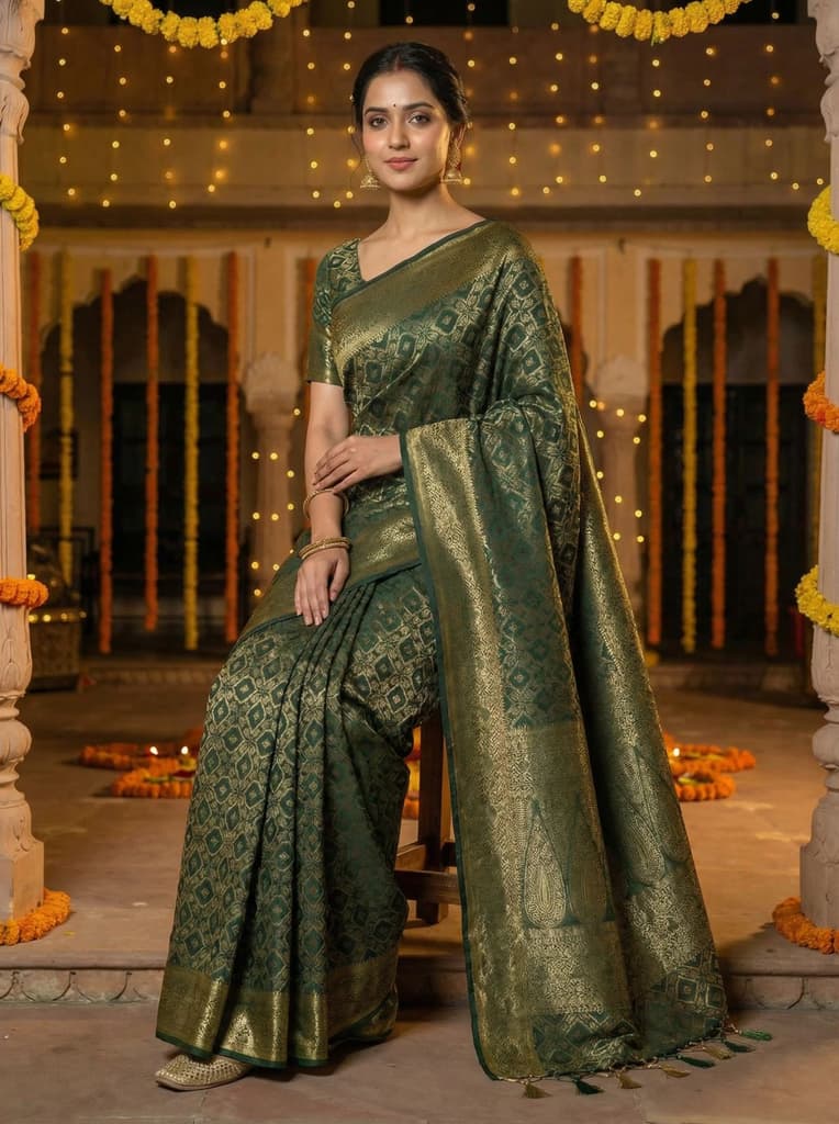 MIMOSA Women's Woven Design Banarasi Style Raw Silk Saree with Blouse Piece - Green ( SA00003131GRNFREE ) — photo 4