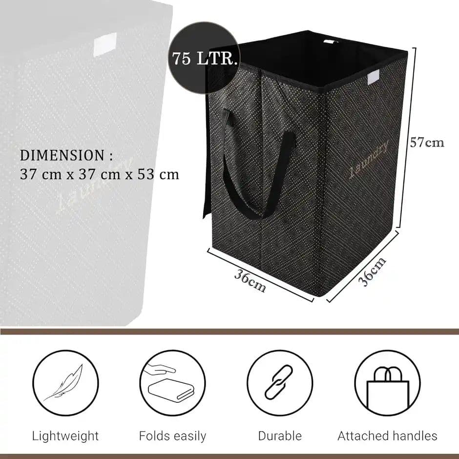 Kuber Industries | 75 L | Golden Dot Foldable Laundry Basket | Lid & Handles | Black