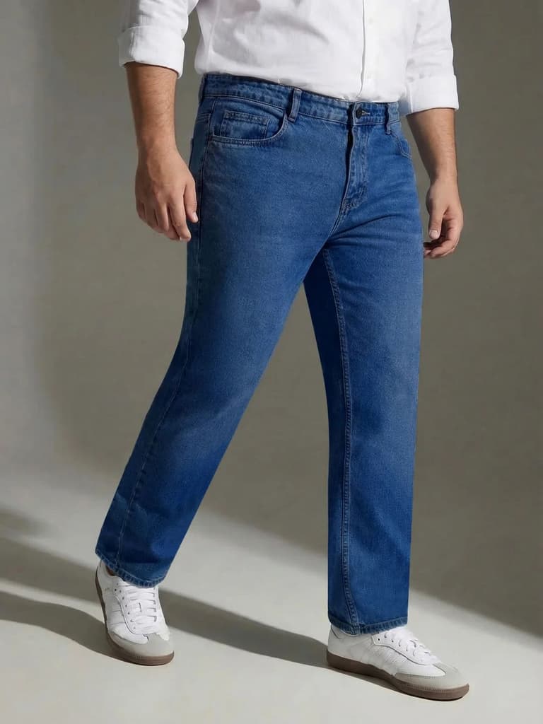 Plus Men's Blue Relaxed Fit Washed Denim Jeans Non-Stretchable — photo 2