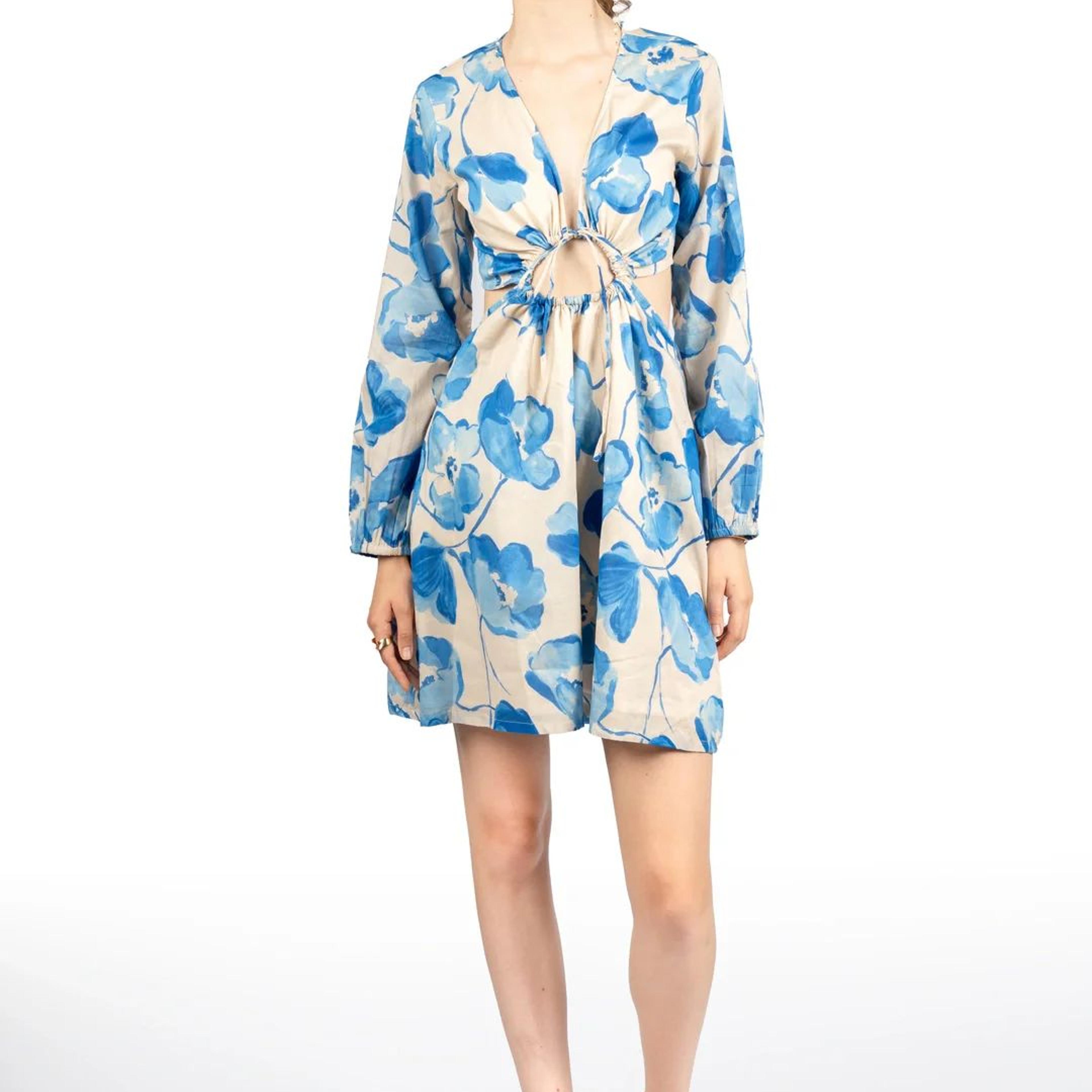 Blue & Beige Floral Cotton Cambric Fit & Flare Dress