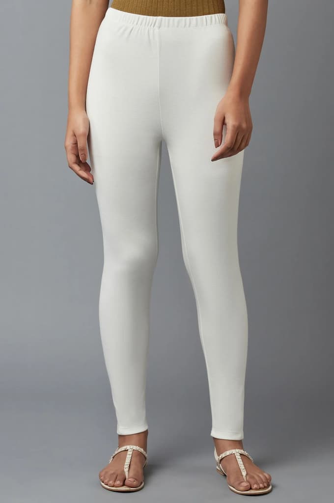 White Solid Skinny Fit Cotton Tights With Elasticated Waistband