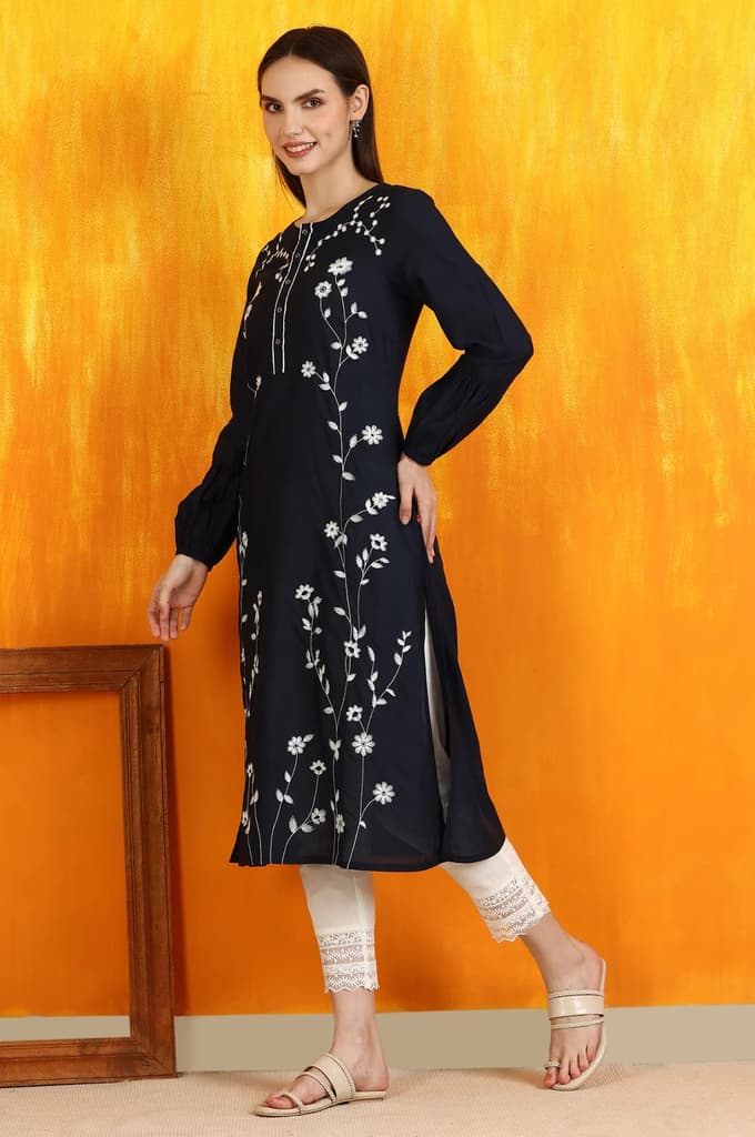 Black Thread Embroidered Cotton Modal Straight Kurta — photo 4
