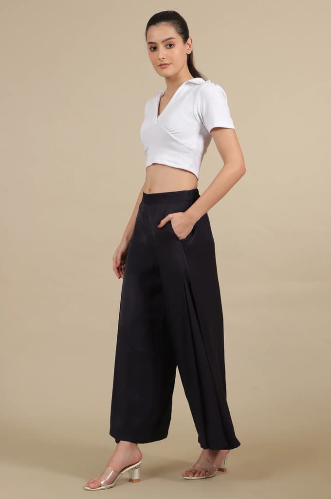 Blue Solid Flared Rayon Palazzo With Pleats — photo 5