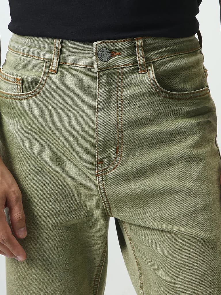 Men's Light Green Straight Fit Heavy Washed Jeans Stretchable — photo 5