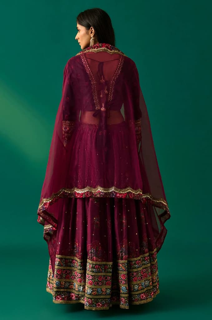 Purple Floral Embroidered Winter Velvet Blouse with Skirt and Dupatta Set — photo 4