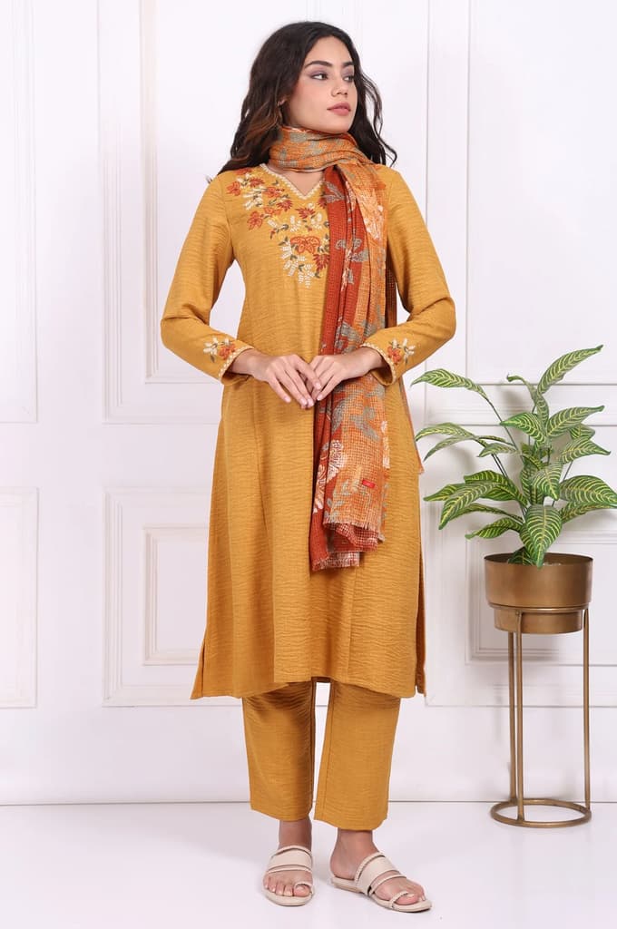 Mustard Floral Embroidered Straight Kurta with Straight Pant and Dupatta Set — XS