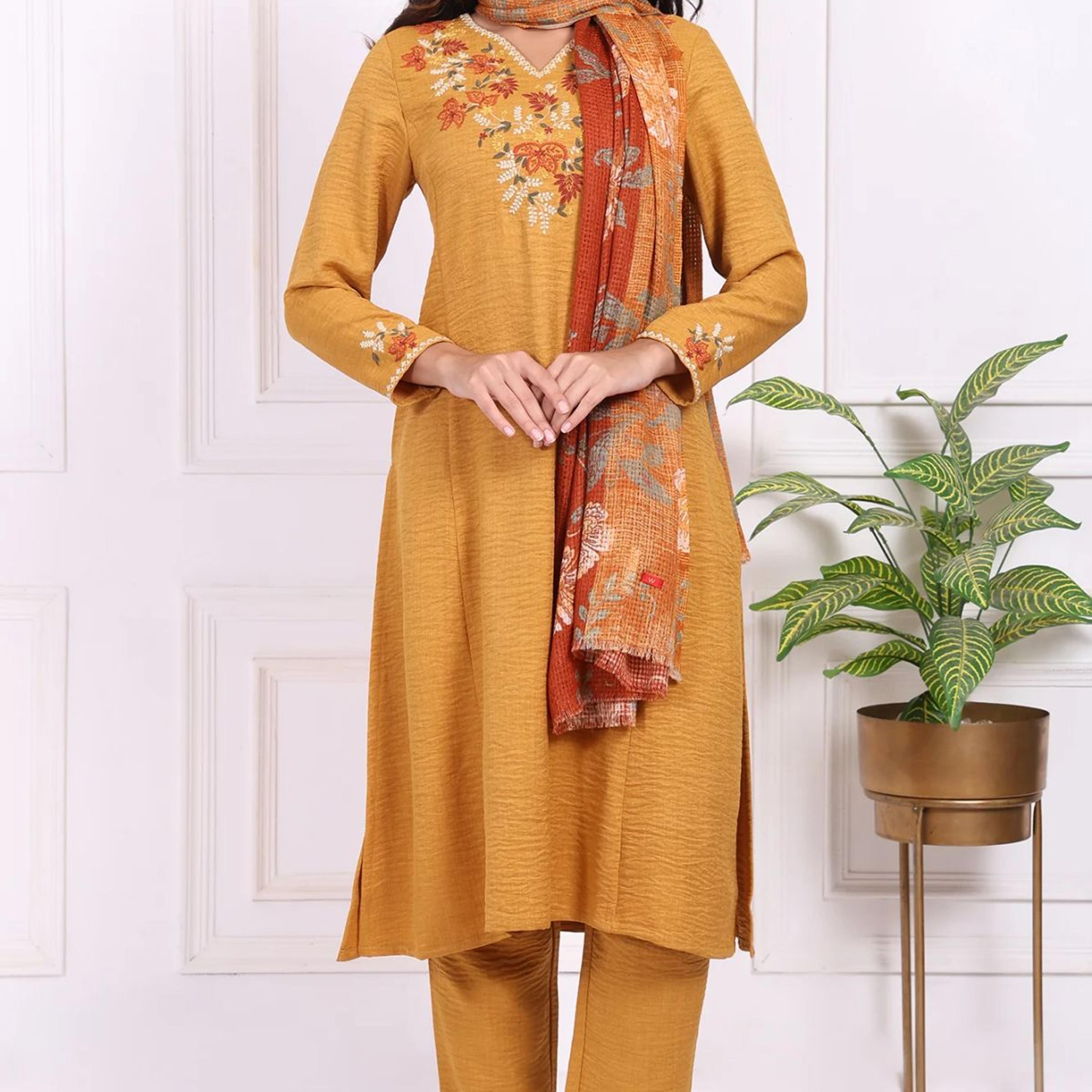 Mustard Floral Embroidered Straight Kurta with Straight Pant and Dupatta Set