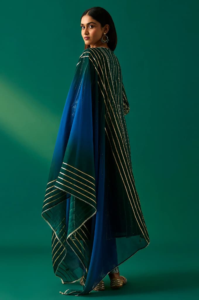 Green Striped Embroidered Angrakha Rayon Kurta with Trouser and Dupatta Set — photo 4
