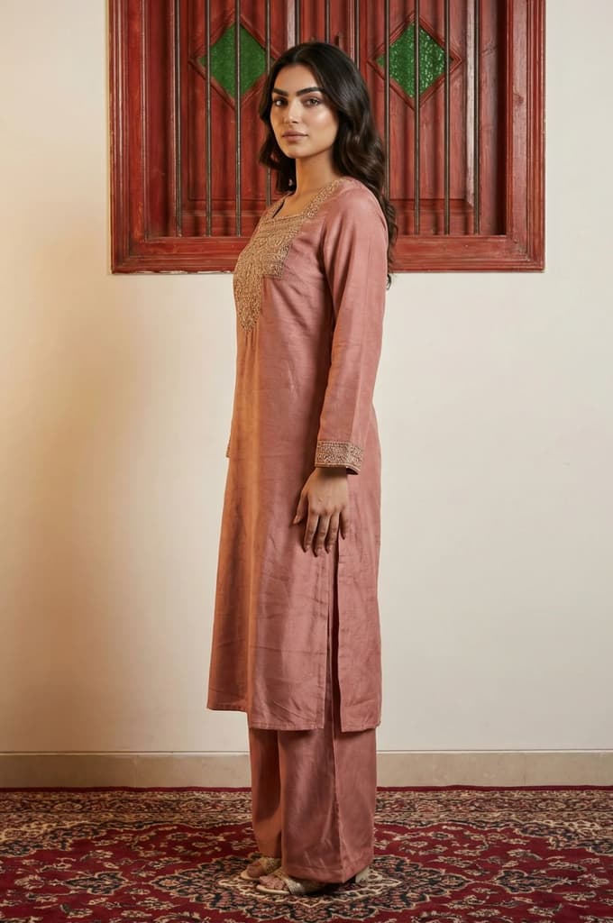 Pink Solid Embroidered Straight Kurta with Flared Pants and Dupatta Set — photo 5