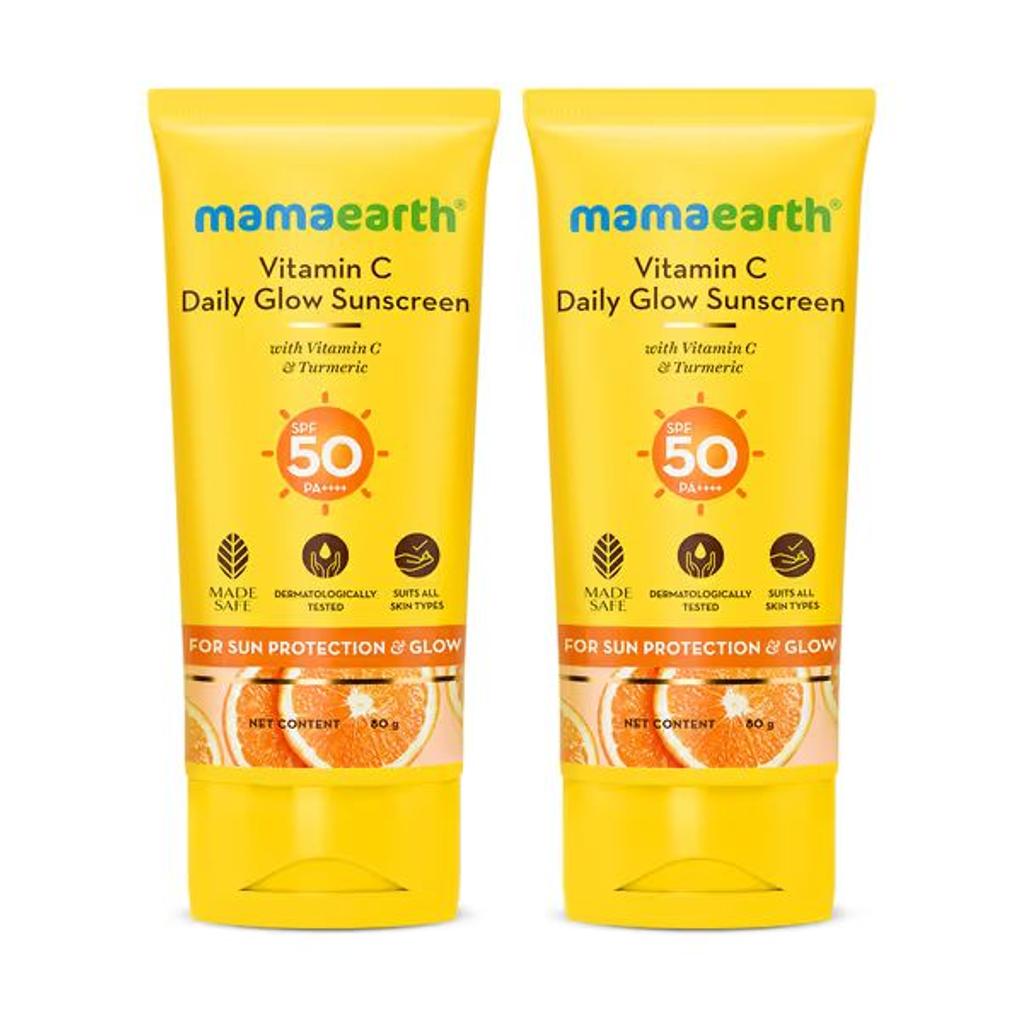 Mamaearth Vitamin C Daily Glow Sunscreen SPF 50 PA++++ – In-Vivo Tested (ISO 24444:2019 Certified, CTRI/2025/05/087276) - 80 g (Pack of 2)