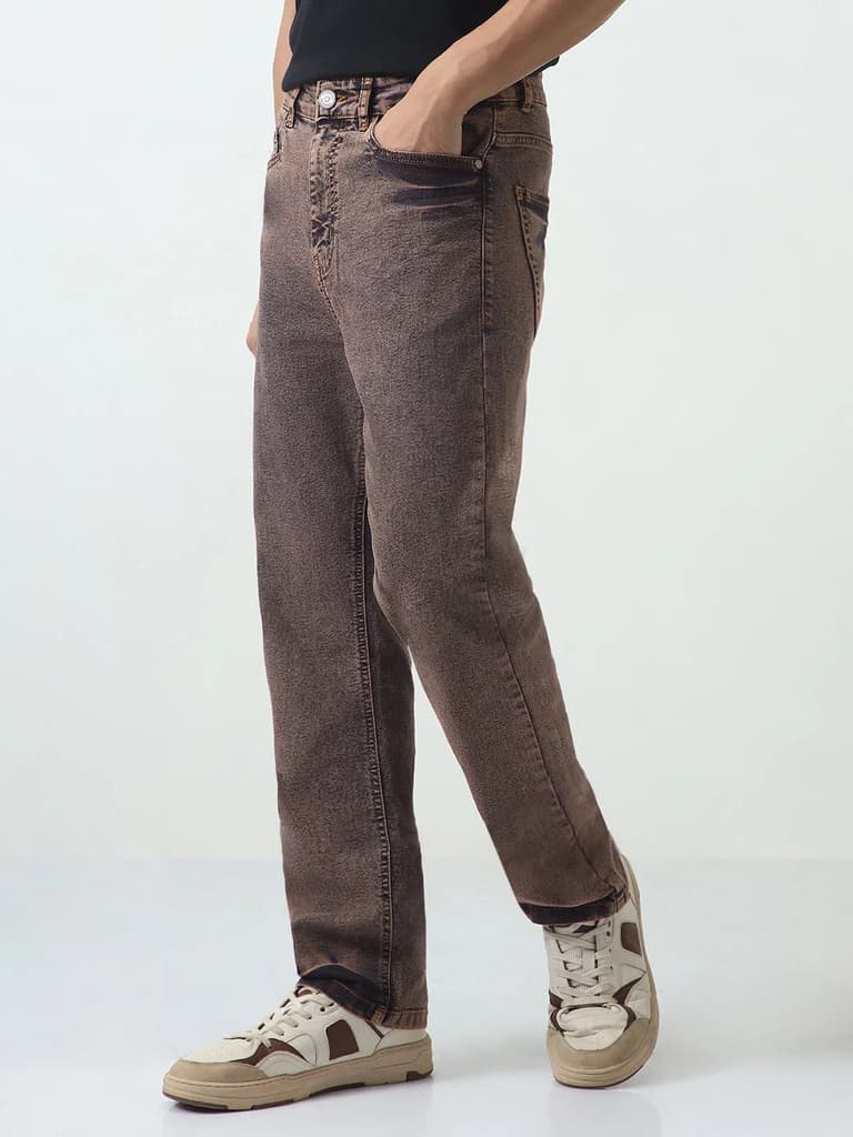 Men's Light Brown Straight Fit Heavy Washed Jeans Stretchable — photo 2