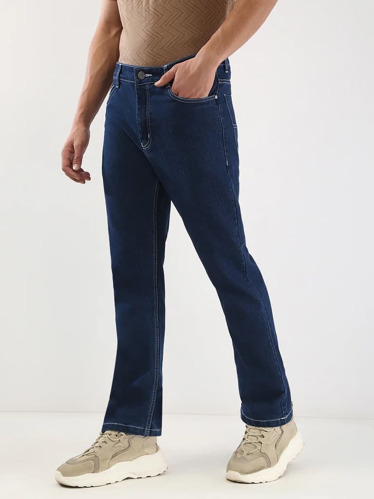 Men's Blue Straight Fit Washed Jeans Stretchable — photo 2