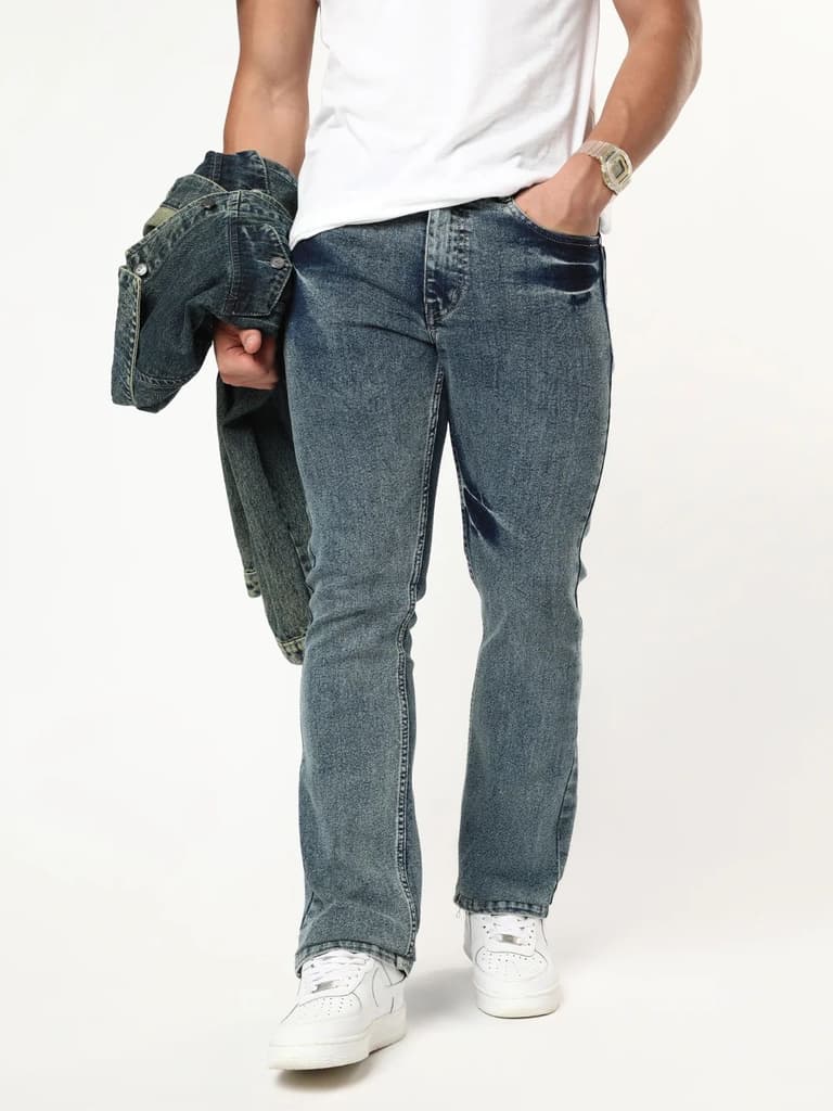 Men's Light Blue Bootcut Fit Mid Rise Acid Wash Jeans Stretchable — 28 / Light Blue