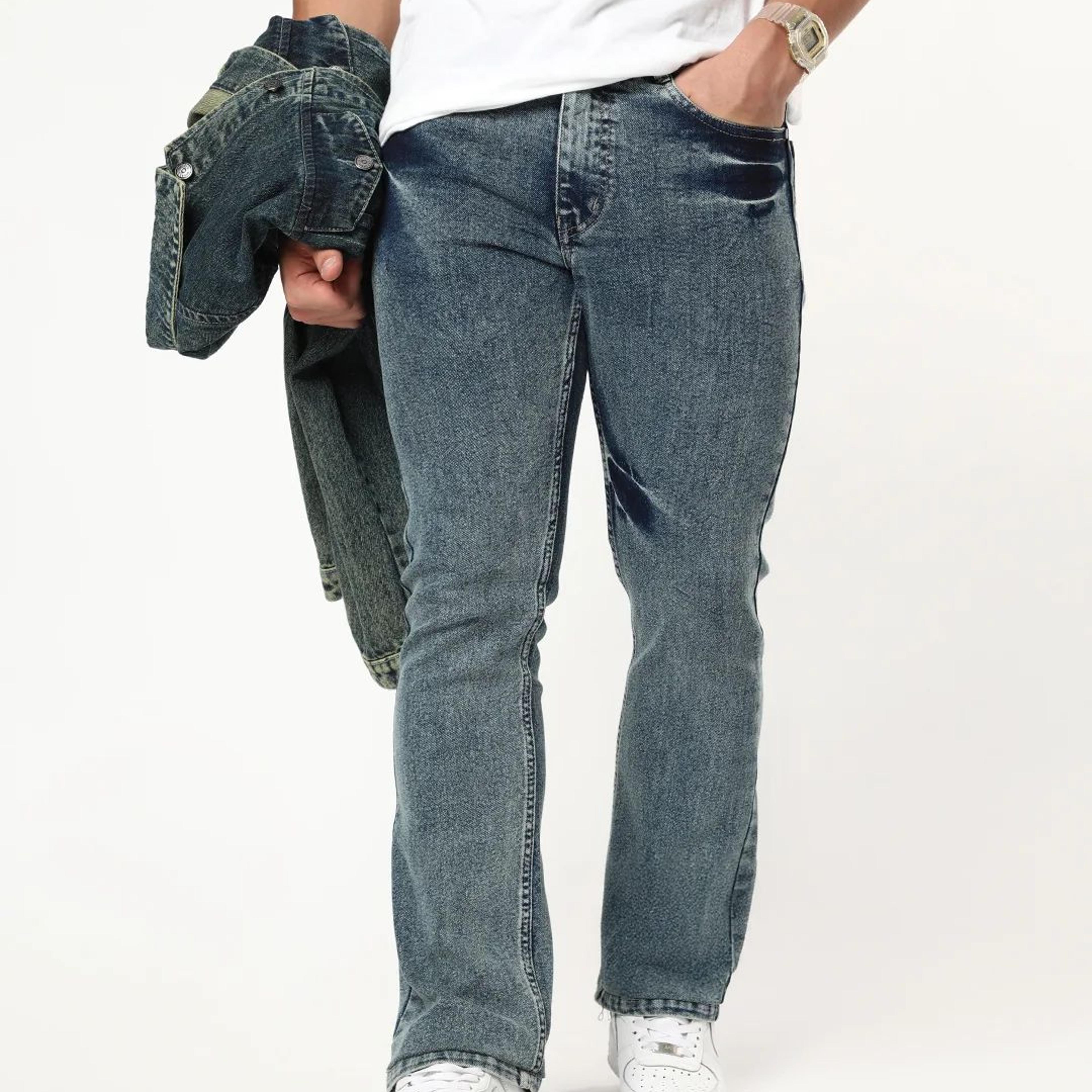 Men's Light Blue Bootcut Fit Mid Rise Acid Wash Jeans Stretchable