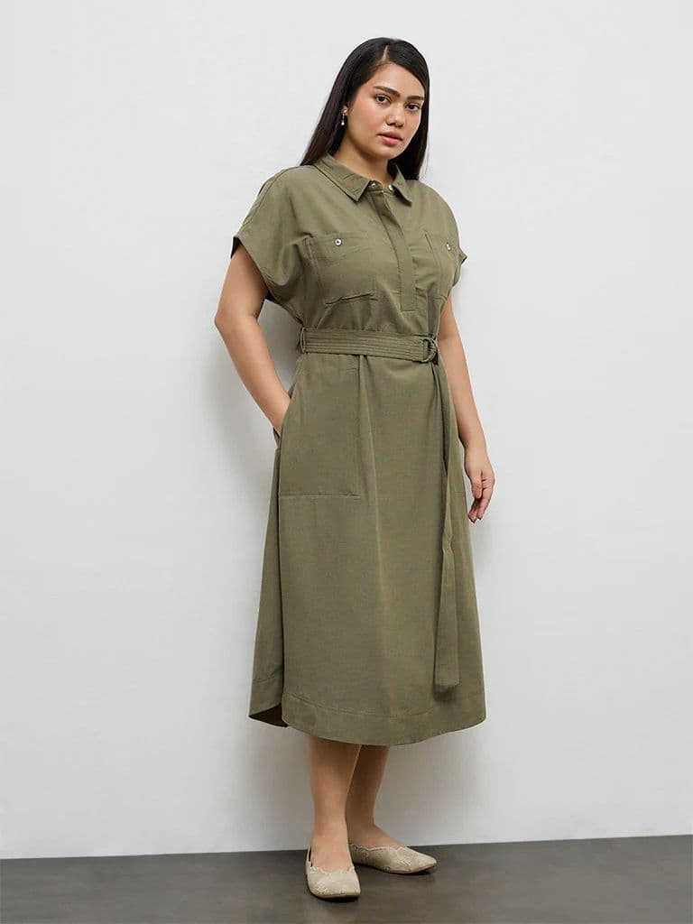 Gia Olive Solid A-Line Dress with Belt — photo 2
