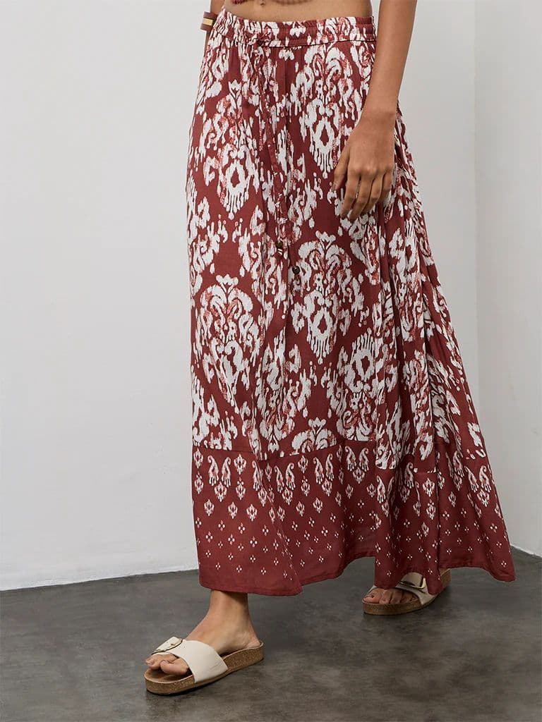 Bombay Paisley Rust Ikat Design High-Rise Cotton Skirt — photo 2
