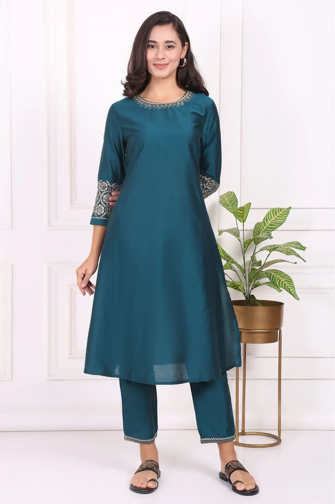 Teal Solid Metallic Embroidered Straight Kurta — photo 2