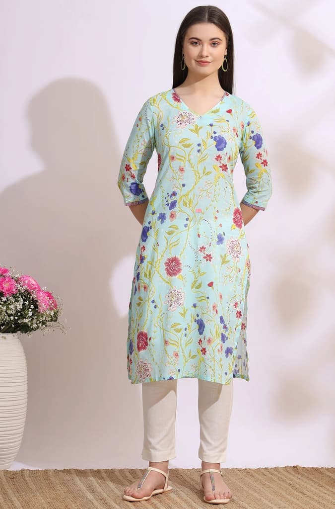 Light Blue Floral Printed Pure Cotton Straight Kurta — photo 2
