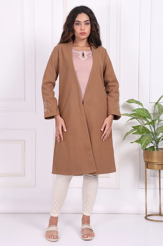 Camel Brown Embroidered Straight Woven Coat — photo 2