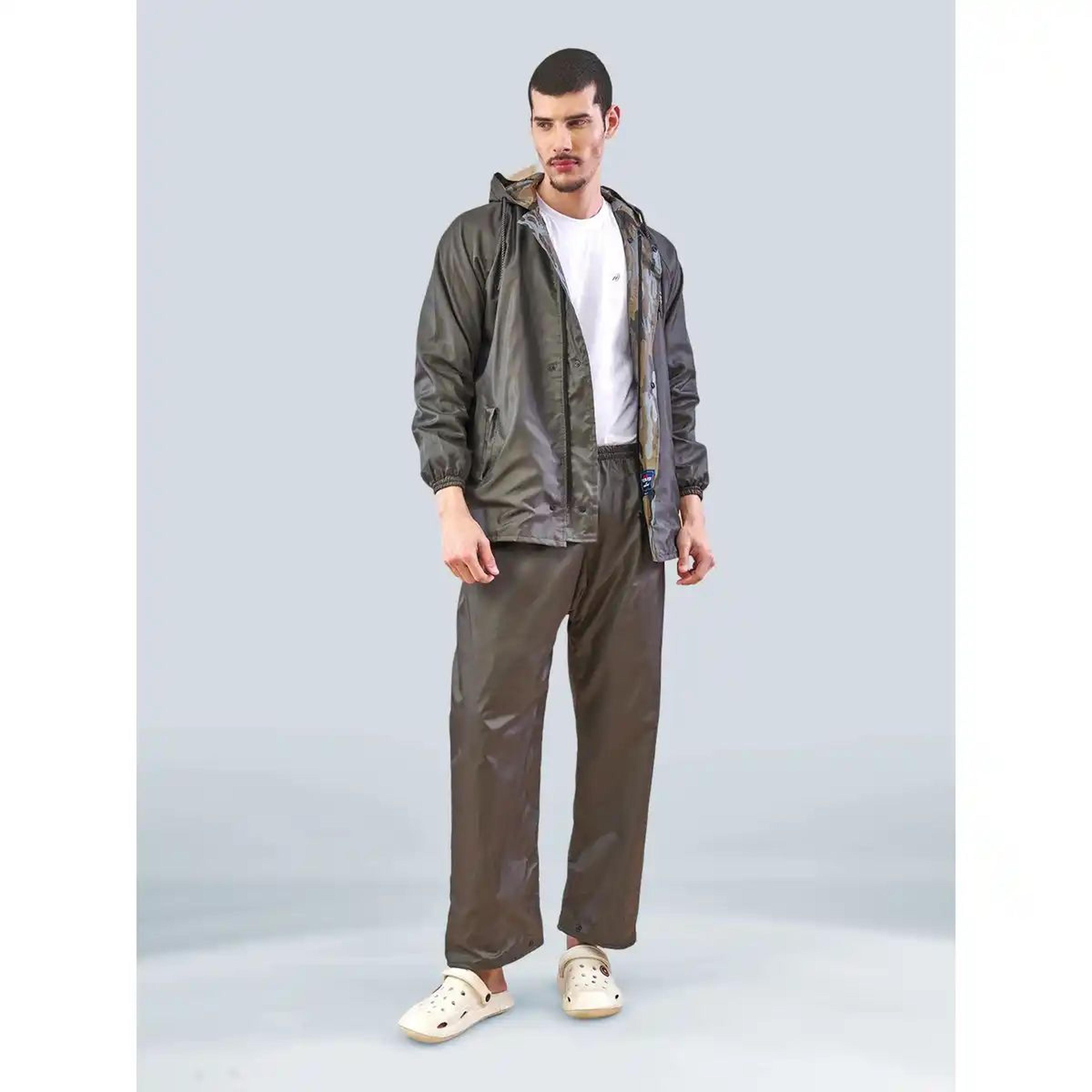 Lux Venus Lightweight Hooded Reversible Raincoat for Men With Waterproof Pant - Grey | 3XL