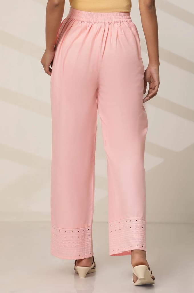 Pink Embroidered Straight Fit Cotton Palazzo With Elasticated Waist — photo 4
